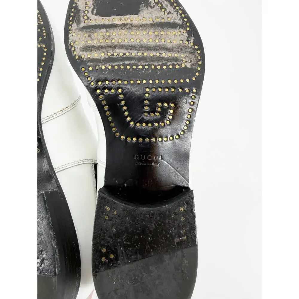 Gucci White Leather Gold Buckle Strap Ankle Booties Boots Size 38 EU 8 Low Heel